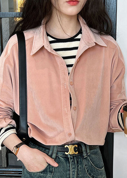 Pink Patchwork Button Corduroy Top Long Sleeve QE077