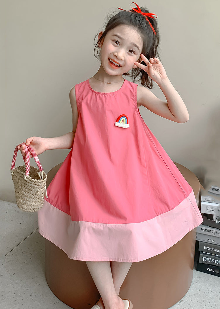 Pink Patchwork Cozy Cotton Girls Dress O Neck Summer EW048