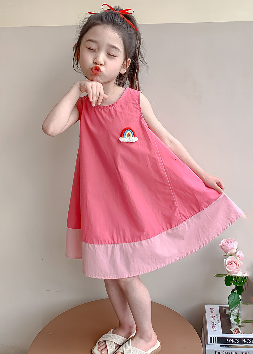 Pink Patchwork Cozy Cotton Girls Dress O Neck Summer EW048