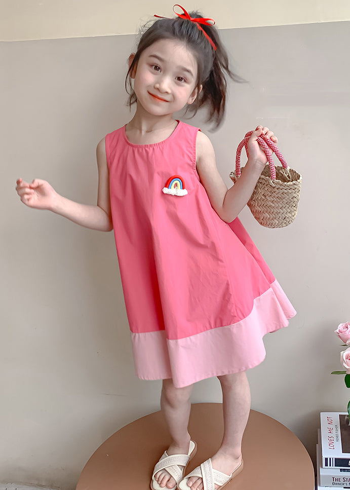 Pink Patchwork Cozy Cotton Girls Dress O Neck Summer EW048