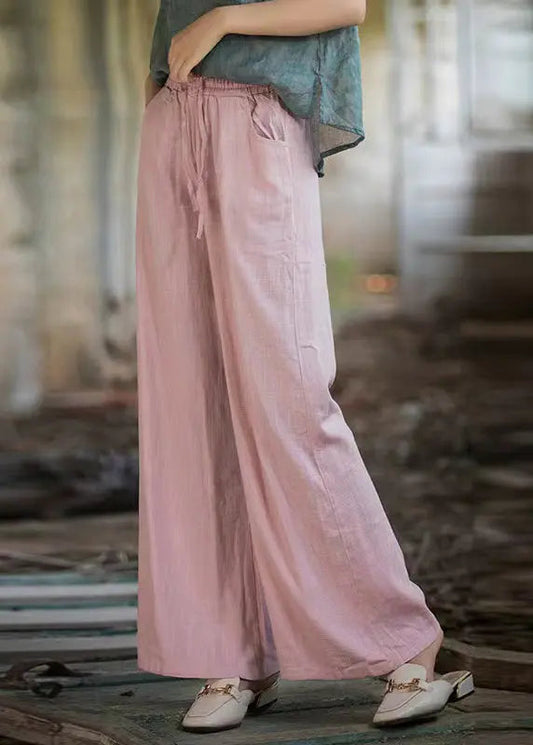 Pink Pockets Linen Wide Leg Pants Elastic Waist Ada Fashion