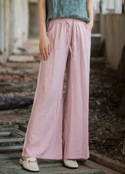 Pink Pockets Linen Wide Leg Pants Elastic Waist Ada Fashion