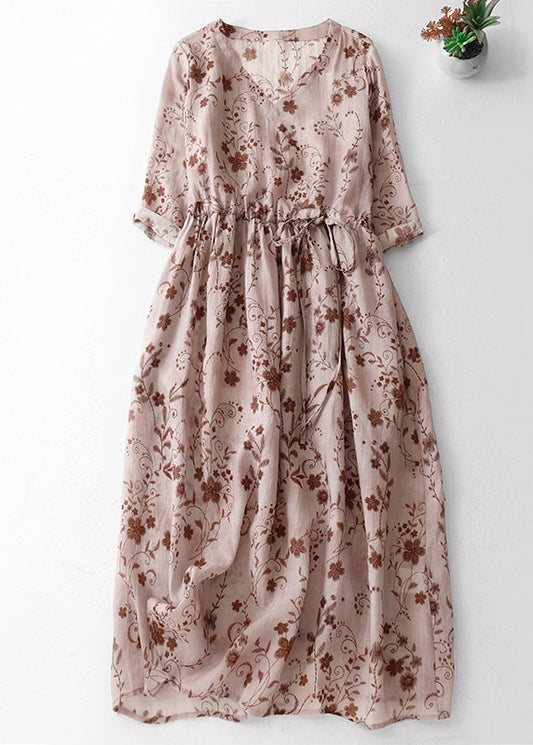 Robe longue en coton imprimé bohème rose avec col en V et cordon de serrage pour l'été AM1068