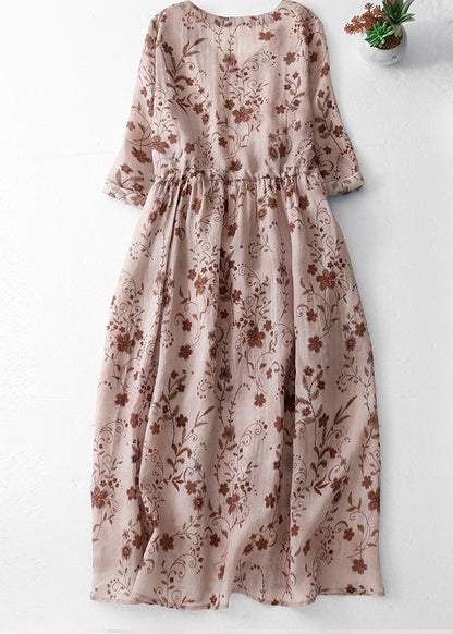 Pink Print Boho Cotton Long Dress V Neck Drawstring Summer AM1068