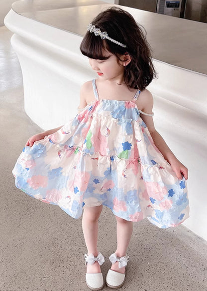 Pink Print Cotton Girls Spaghetti Strap Dress Ruffled Summer EW065