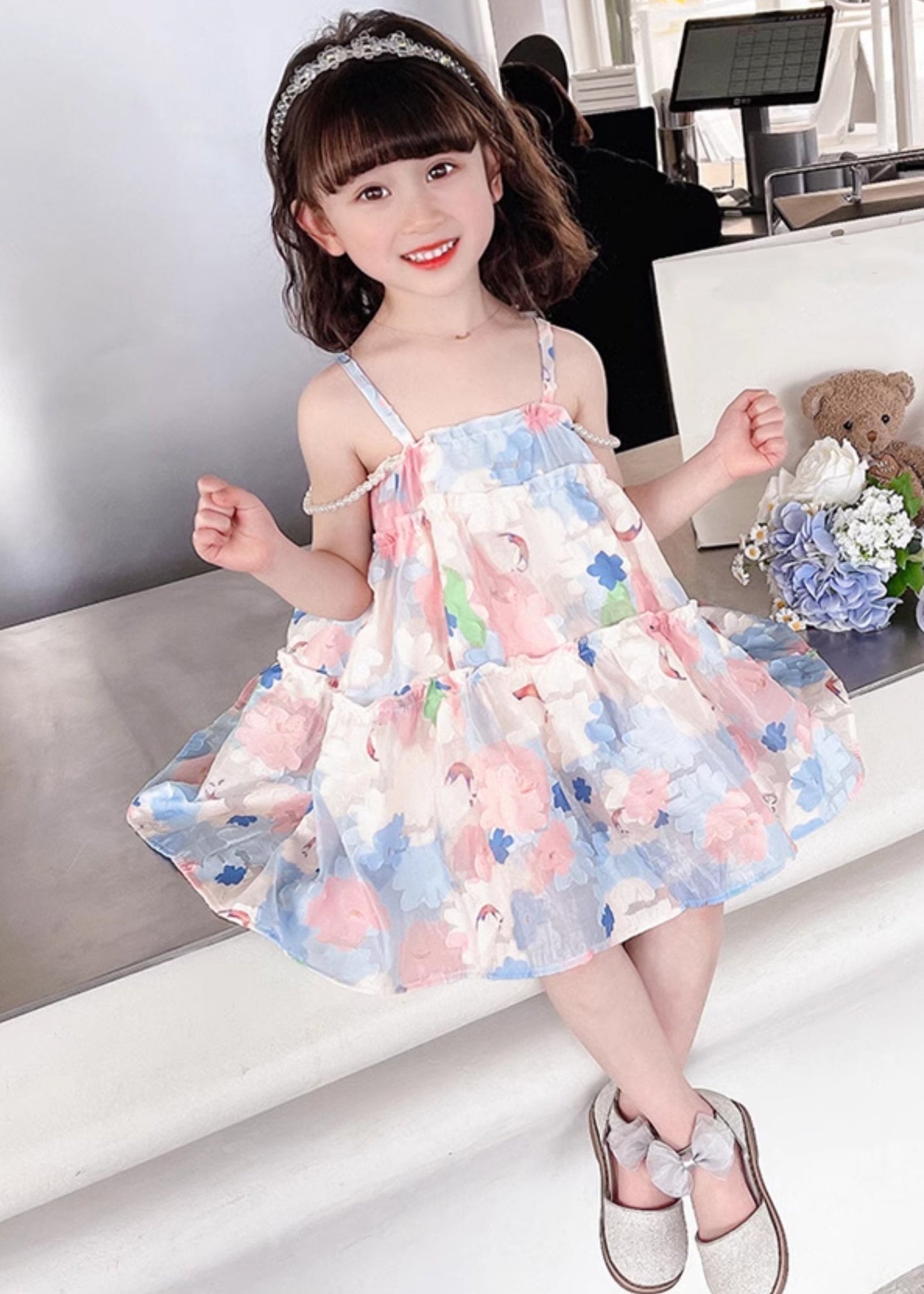 Pink Print Cotton Girls Spaghetti Strap Dress Ruffled Summer EW065