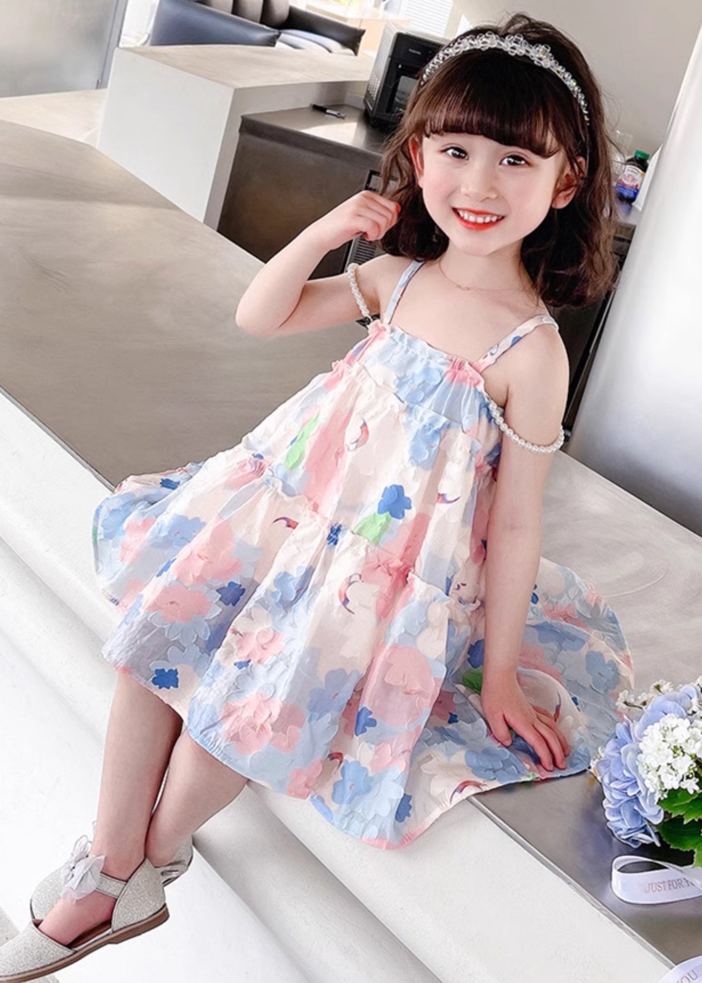 Pink Print Cotton Girls Spaghetti Strap Dress Ruffled Summer EW065