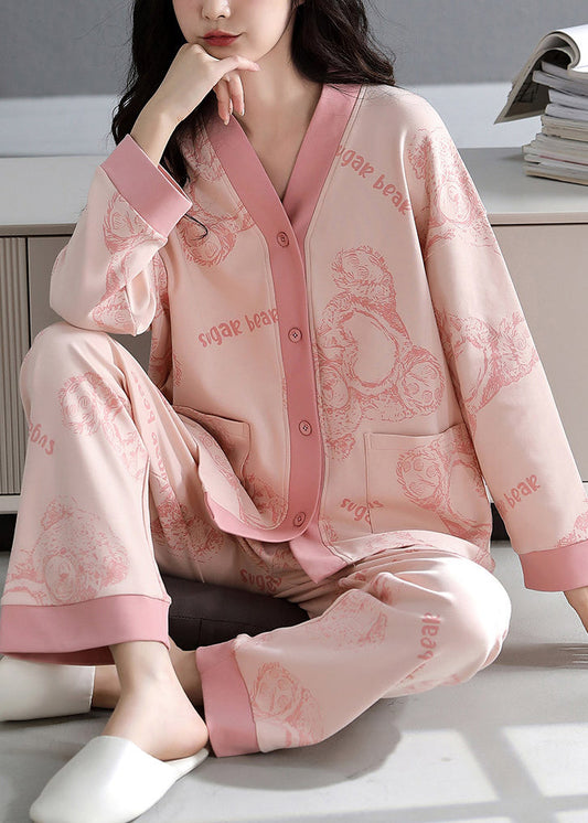 Pajamas Print Cotton V Two-Piece Neck Pockets Pink Set Fall