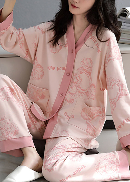 Pajamas Print Cotton V Two-Piece Neck Pockets Pink Set Fall
