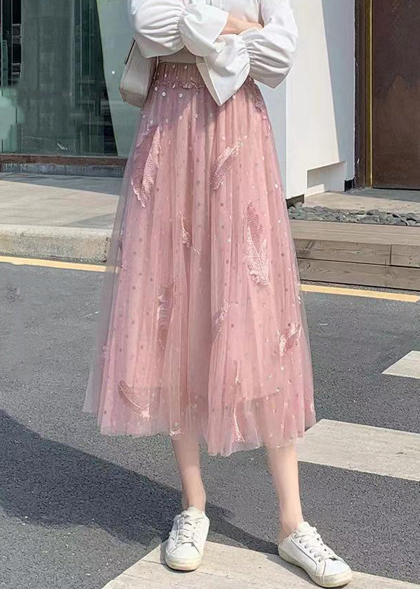 Pink Ruffled Patchwork Tulle Skirt Embroidered Summer Ada Fashion