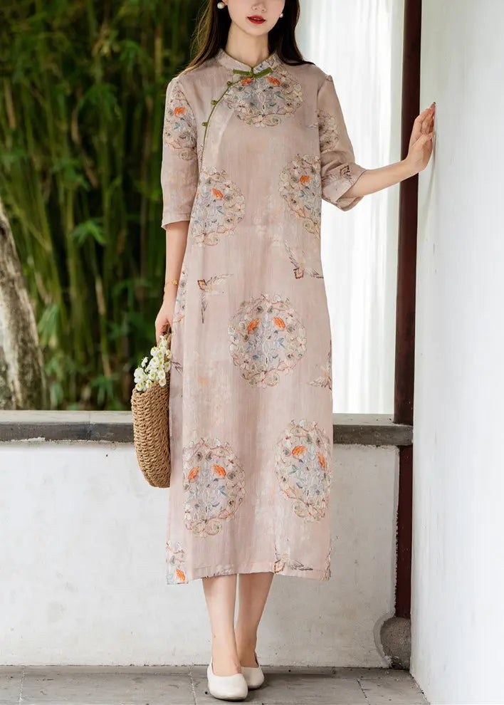 Pink Side Open Print Linen Long Dresses Stand Collar Summer Ada Fashion