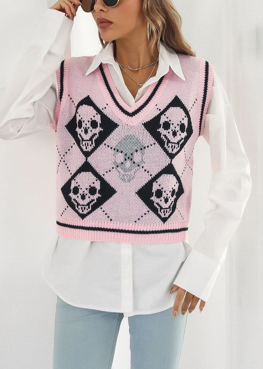 Pink Skull Cozy Patchwork Knit Vest V Neck Fall AE1021