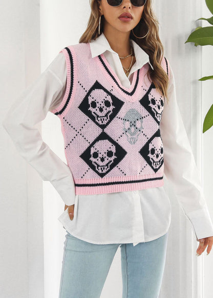 Pink Skull Cozy Patchwork Knit Vest V Neck Fall AE1021