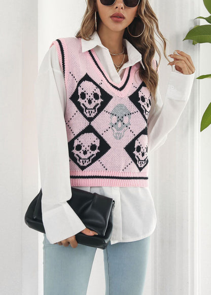 Pink Skull Cozy Patchwork Knit Vest V Neck Fall AE1021