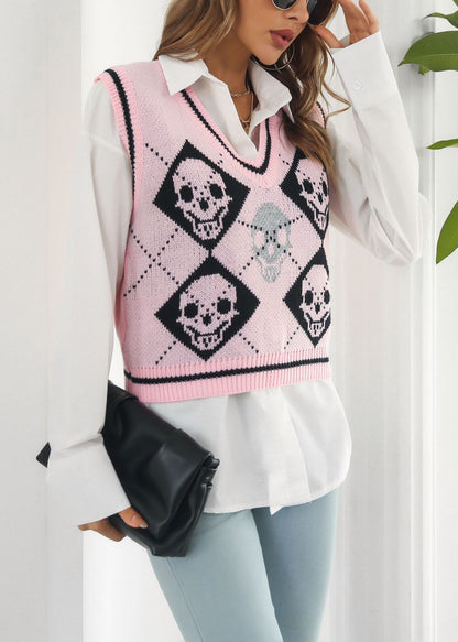 Pink Skull Cozy Patchwork Knit Vest V Neck Fall AE1021