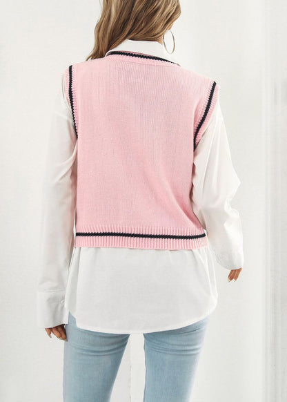 Pink Skull Cozy Patchwork Knit Vest V Neck Fall AE1021