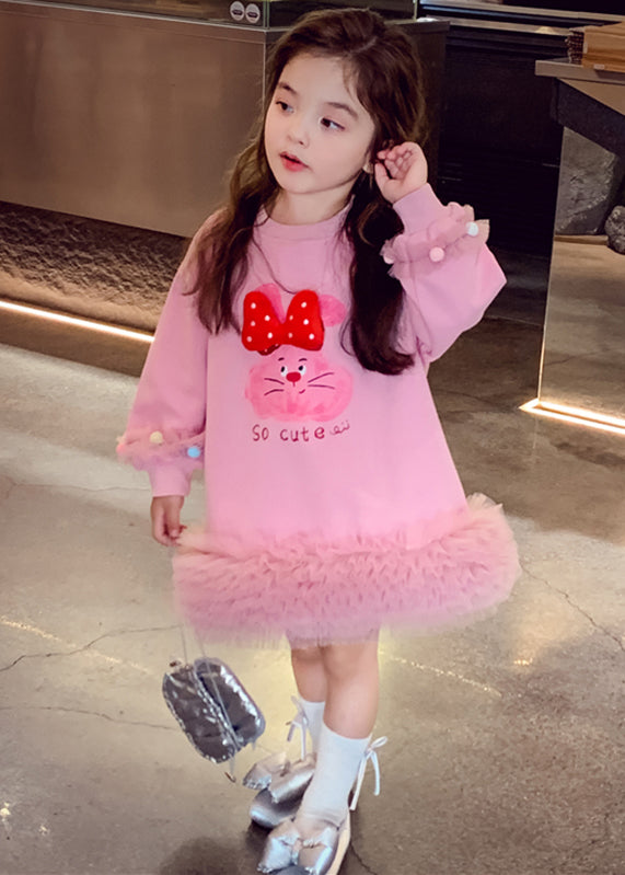 Robes longues en tulle rose patchwork pour enfants, printemps TG011