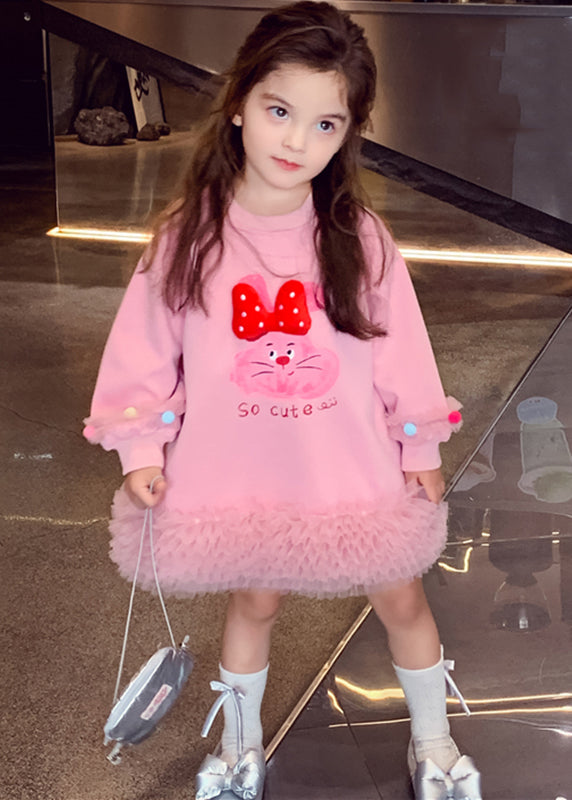 Robes longues en tulle rose patchwork pour enfants, printemps TG011