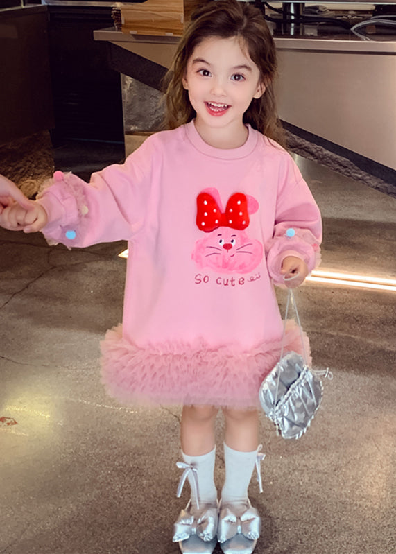 Robes longues en tulle rose patchwork pour enfants, printemps TG011