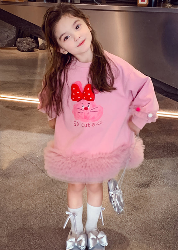 Robes longues en tulle rose patchwork pour enfants, printemps TG011
