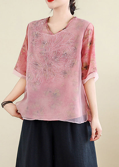 Pink V Neck Tulle Patchwork Shirts Short Sleeve AP014