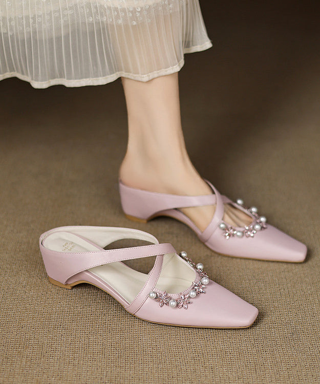 Wedge Nail Pink Sheepskin Elegant Splicing Sandals Slide Zircon