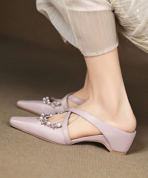 Wedge Nail Pink Sheepskin Elegant Splicing Sandals Slide Zircon