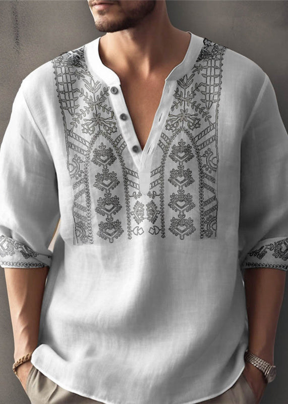 Size Apricot Shirt Button Cotton Print Plus T Men Fall