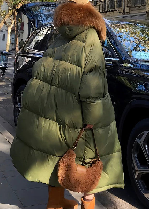 Übergröße Armeegrün Waschbärhaar Knopfkragen Langer Parka Winter RD20