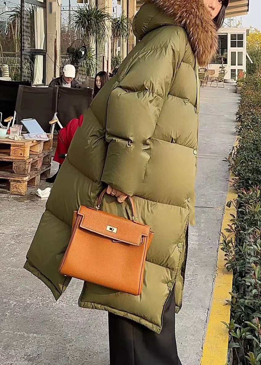 Übergröße Armeegrün Waschbärhaar Knopfkragen Langer Parka Winter RD20