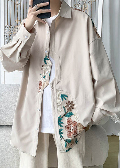 Plus Size Beige Embroidered Button Cotton Neutral Coats Spring Ada Fashion