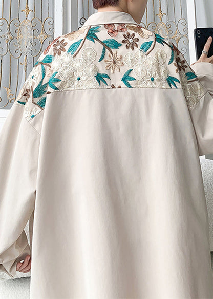 Plus Size Beige Embroidered Button Cotton Neutral Coats Spring Ada Fashion