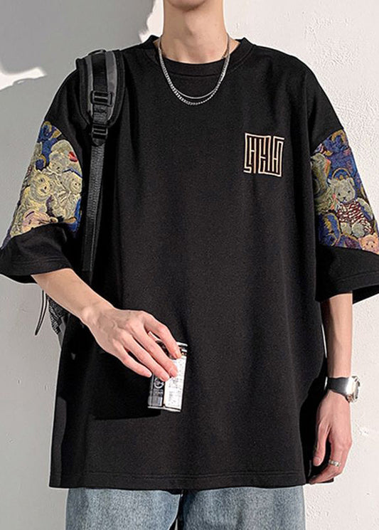 Plus Size Black Embroideried Patchwork Cotton Mens Graphic Tees Summer WA012