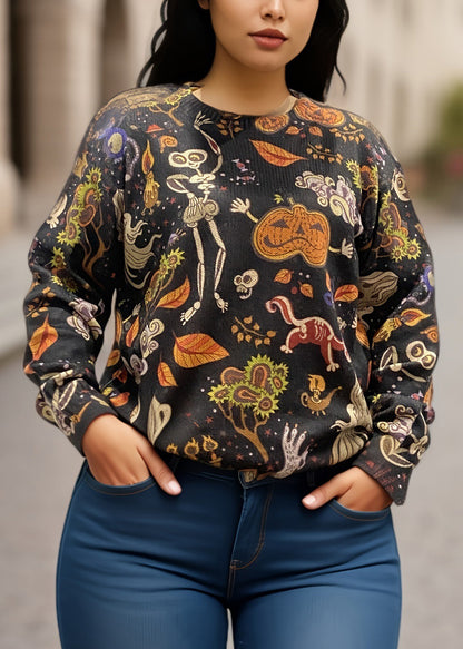 Plus Size Black O-Neck Print Knitting Cotton Sweaters Fall AE1017