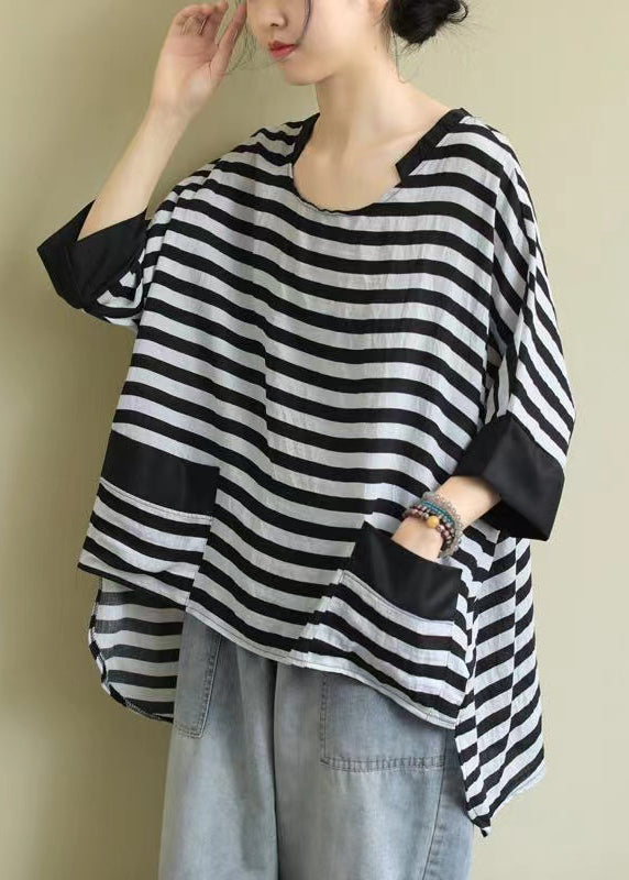 Plus Size Black O Neck Striped Low High Design Cotton Shirt Top Summer BV086