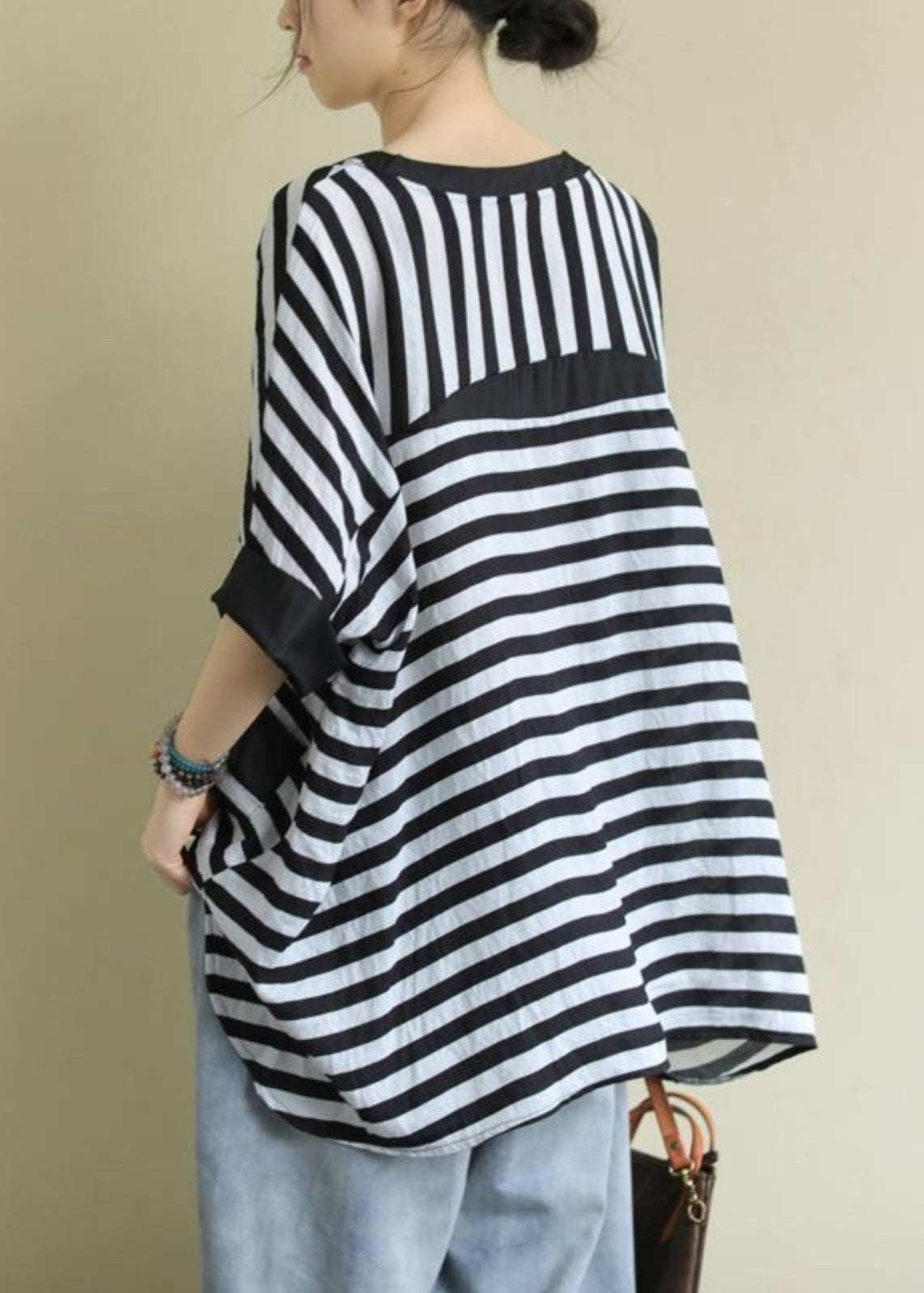 Plus Size Black O Neck Striped Low High Design Cotton Shirt Top Summer BV086