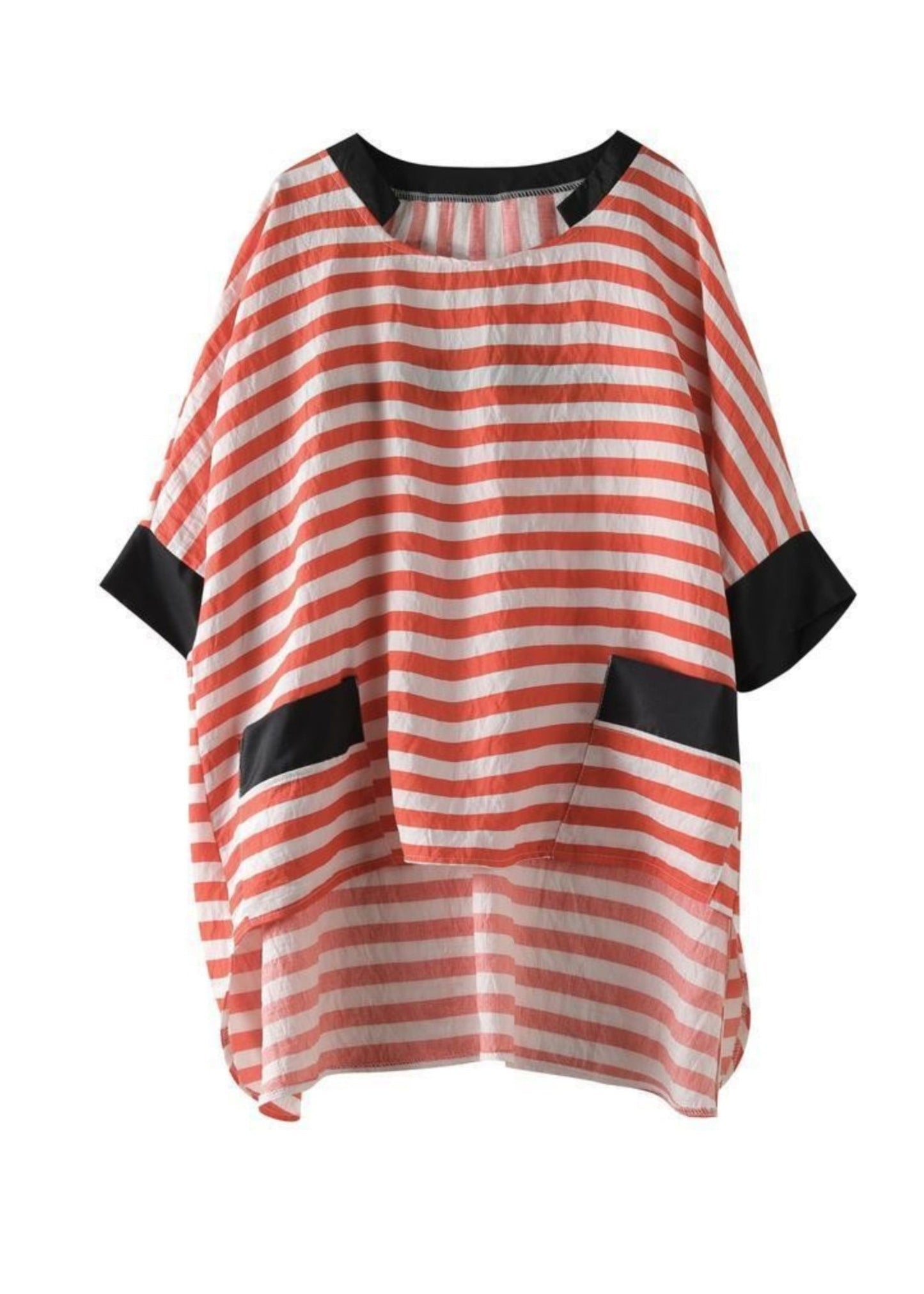 Plus Size Black O Neck Striped Low High Design Cotton Shirt Top Summer BV086