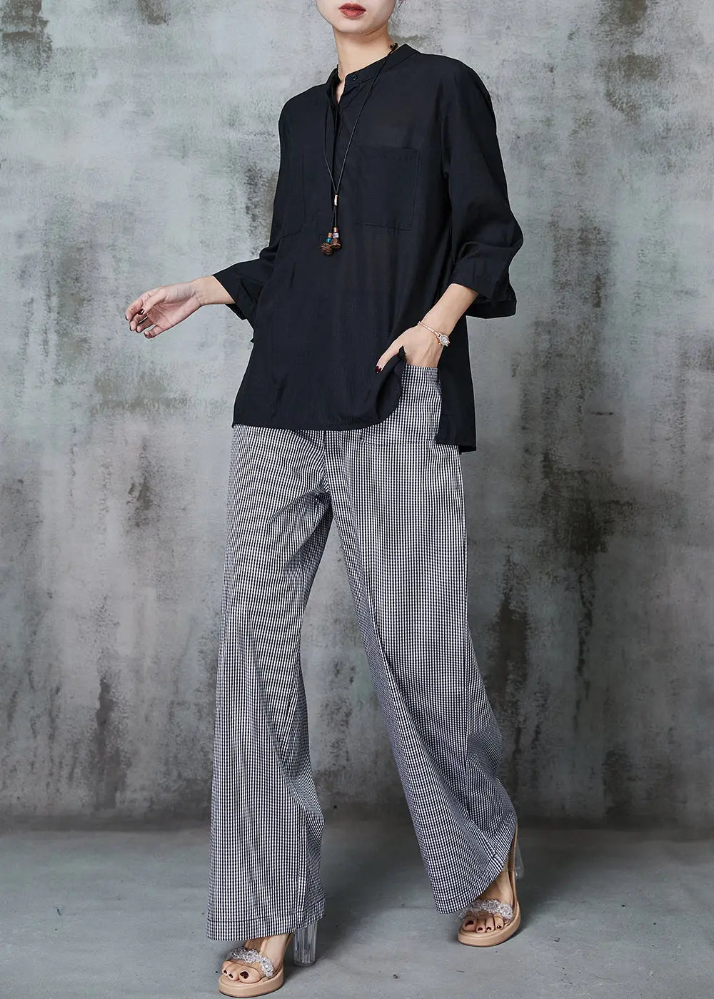 Plus Size Black Oversized Plaid Linen 2 Piece Outfit Spring Ada Fashion