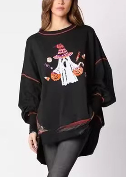 Plus Size Black Sequins Low High Design Cotton Sweatshirt  AE1025