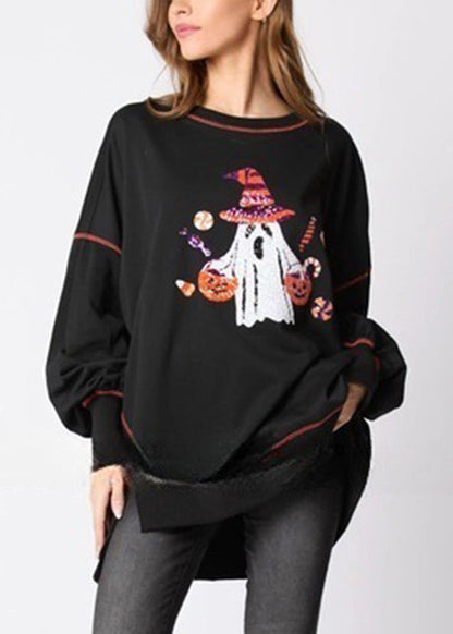 Plus Size Black Sequins Low High Design Cotton Sweatshirt  AE1025