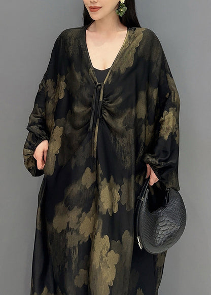 Plus Size Black V Neck Print Holiday Maxi Dress Long Sleeve AY1048