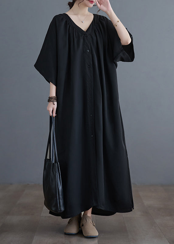 Robe longue froissée noire à col en V grande taille pour l'été GH1033