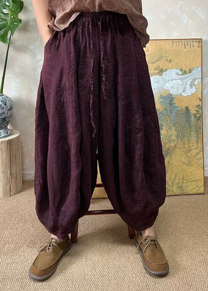 Plus Size Blackish Green Elastic Waist Linen Lantern Pants Summer FF037