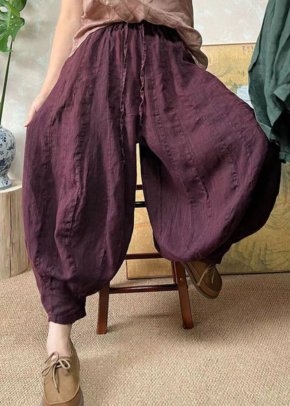 Plus Size Blackish Green Elastic Waist Linen Lantern Pants Summer FF037