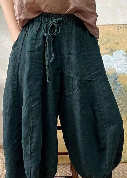 Plus Size Blackish Green Elastic Waist Linen Lantern Pants Summer FF037