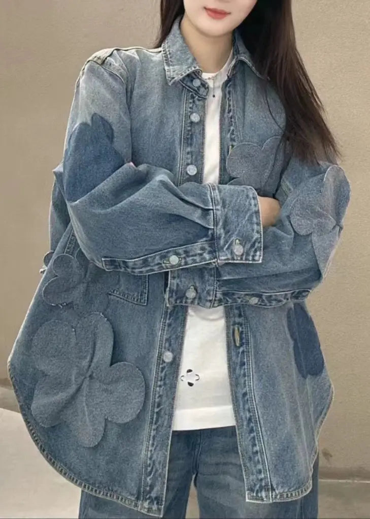 Plus Size Blue Button Pockets Denim Coats Long Sleeve Ada Fashion