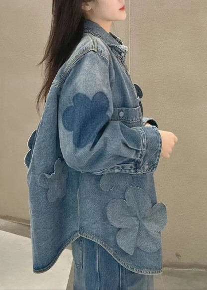 Plus Size Blue Button Pockets Denim Coats Long Sleeve Ada Fashion