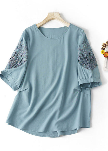 Plus Size Blue O Neck Hollow Out Embroidered Cotton T Shirt Summer AM1059