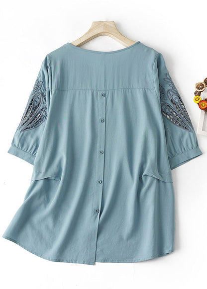 Plus Size Blue O Neck Hollow Out Embroidered Cotton T Shirt Summer AM1059