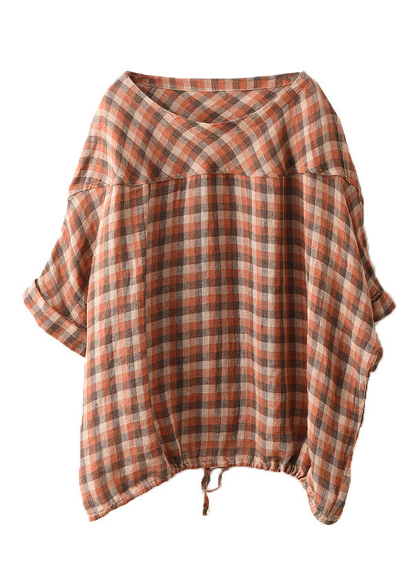 Summer Size Patchwork Plaid Neck O Blue Plus Linen Top